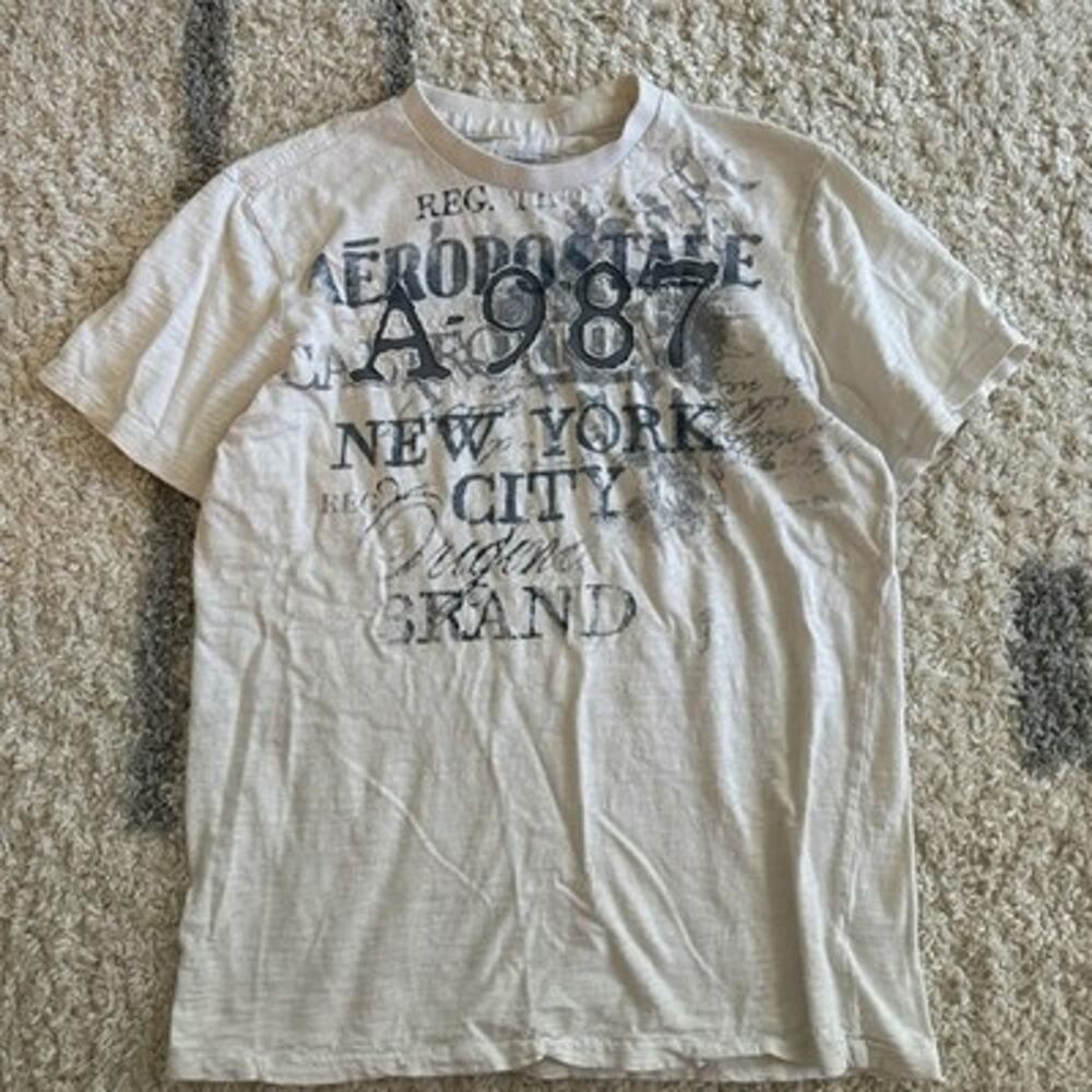 Y2K Aeropostale 1987 Mens Logo Graphic T Shirt Ivory Size Medium Cyber Grunge